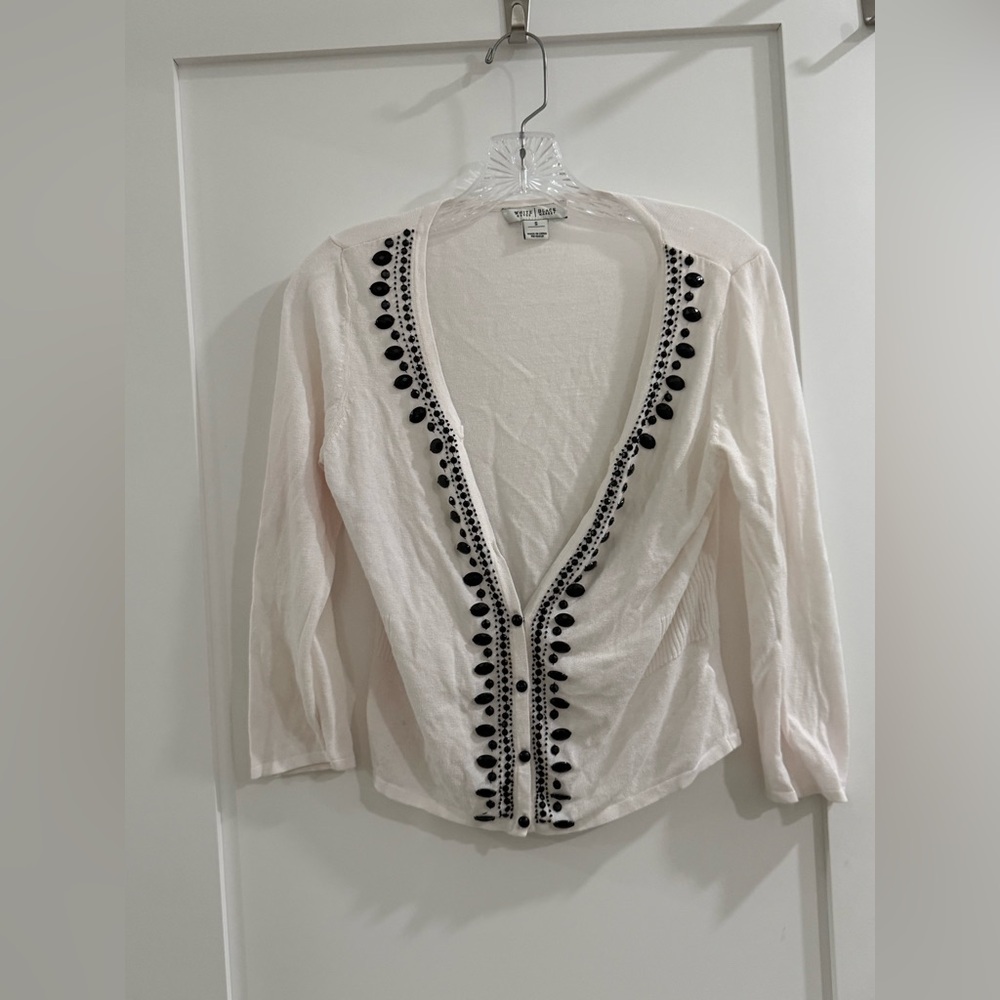 White House Black Market light pink see-thru cardigan w/ black gem accents